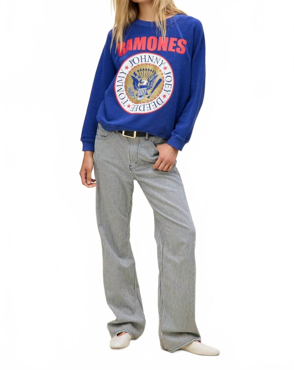 NEW DAYDREAMER ramones gold seal reverse raglan sweatshirt in blue